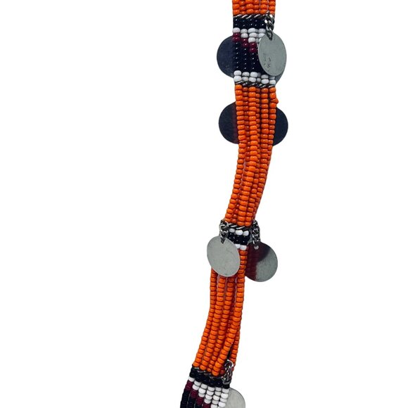 Multi Strand Orange, Black & White Seed Bead Necklace W/Dangling Circles (5468) - Picture 5 of 7